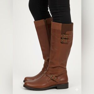 Miz Mooz‎ Kelsey Dark Brown Leather Riding Boots Straps Buckles Expandable Calf